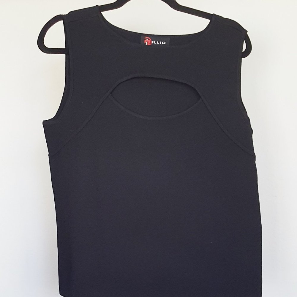 ILLIG Blouse Sz 2 14/16 Fish Eye Front Very Stretchy Clingy Black Sexy